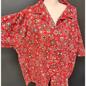 women's vintage 4XL red black white floral folk print short sleeve button down